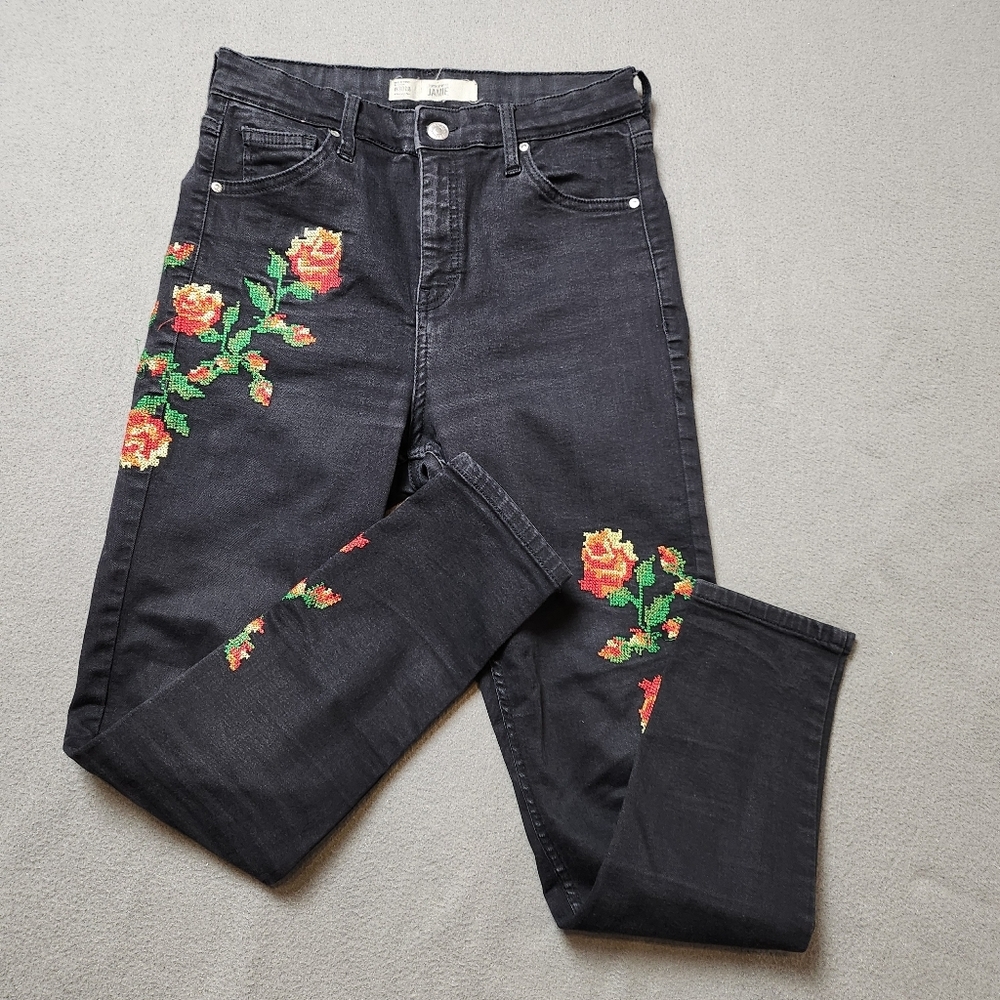 Topshop Jamie High Waisted Embroidered Roses Black Cropped Stretchy Jeans 30 - Picture 11 of 14
